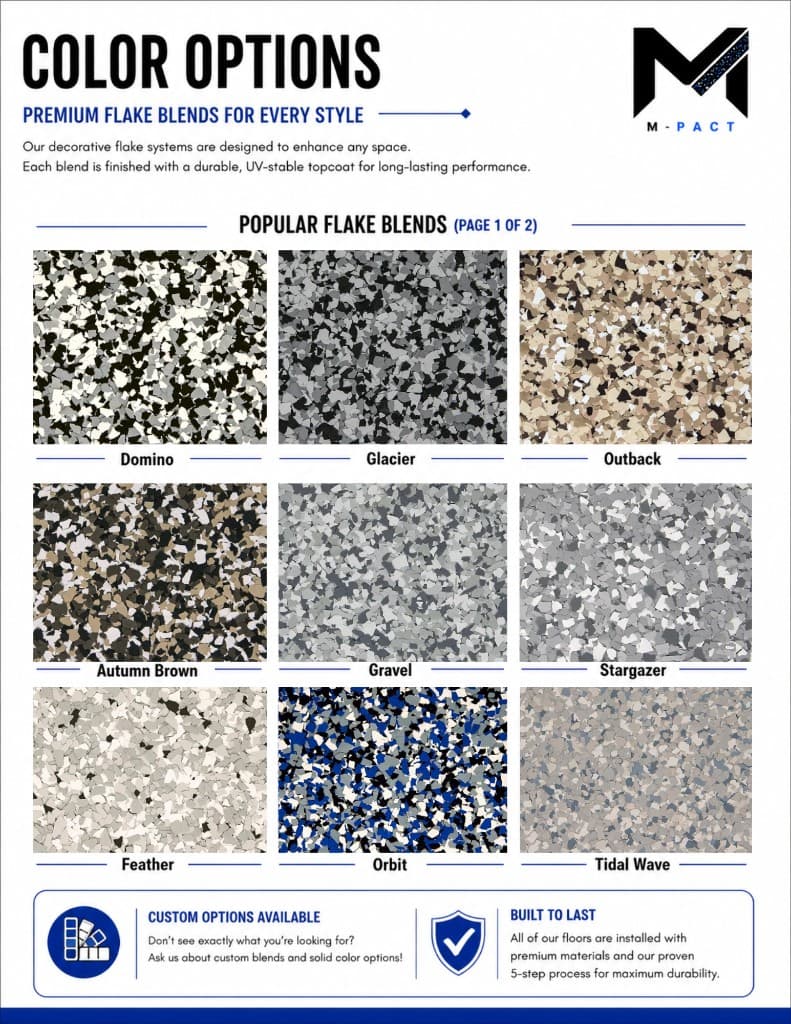M-Pact premium flake blend color options page 1, including Domino, Glacier, Outback, Autumn Brown, Gravel, Stargazer, Feather, Orbit, and Tidal Wave.