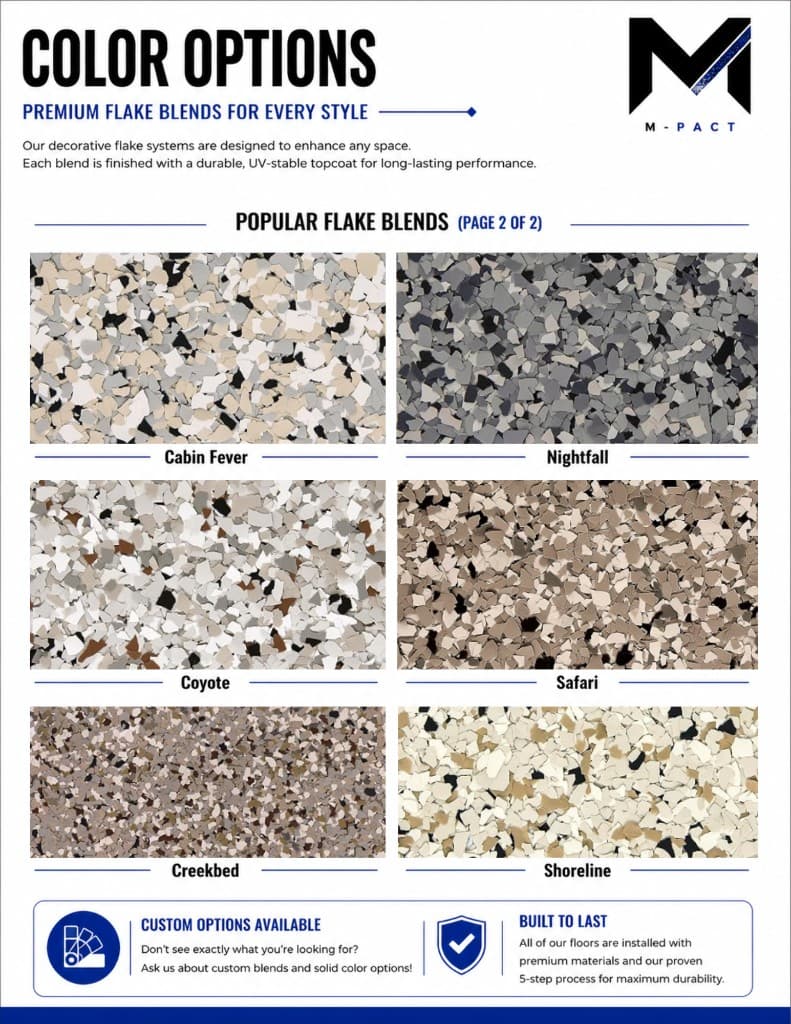 M-Pact premium flake blend color options page 2, including Cabin Fever, Nightfall, Coyote, Safari, Creekbed, and Shoreline.